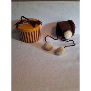 Vintage Velvet Baby Bonnet With Pom Poms And Hat Box GVC